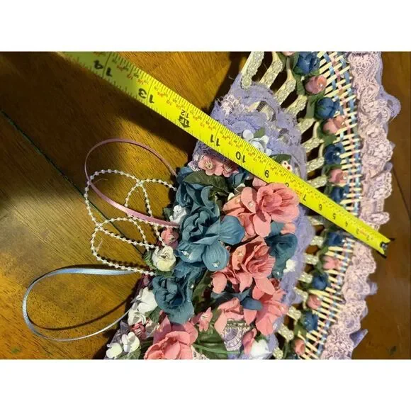 Vtg shabby chic hand made fan lace ribbon roses in plastic forks wall decor fan - Picture 10 of 10